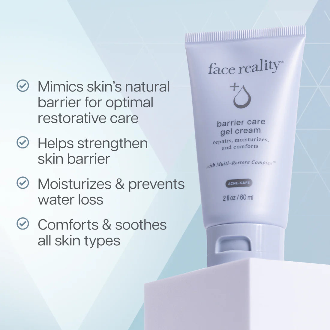 Barrier Care Gel Cream product image with graphic saying mimics skins natural barrier for optimal restorative care, helps strengthen skin barrier, moisturizes and prevents water loss, comforts and soothes all skin types