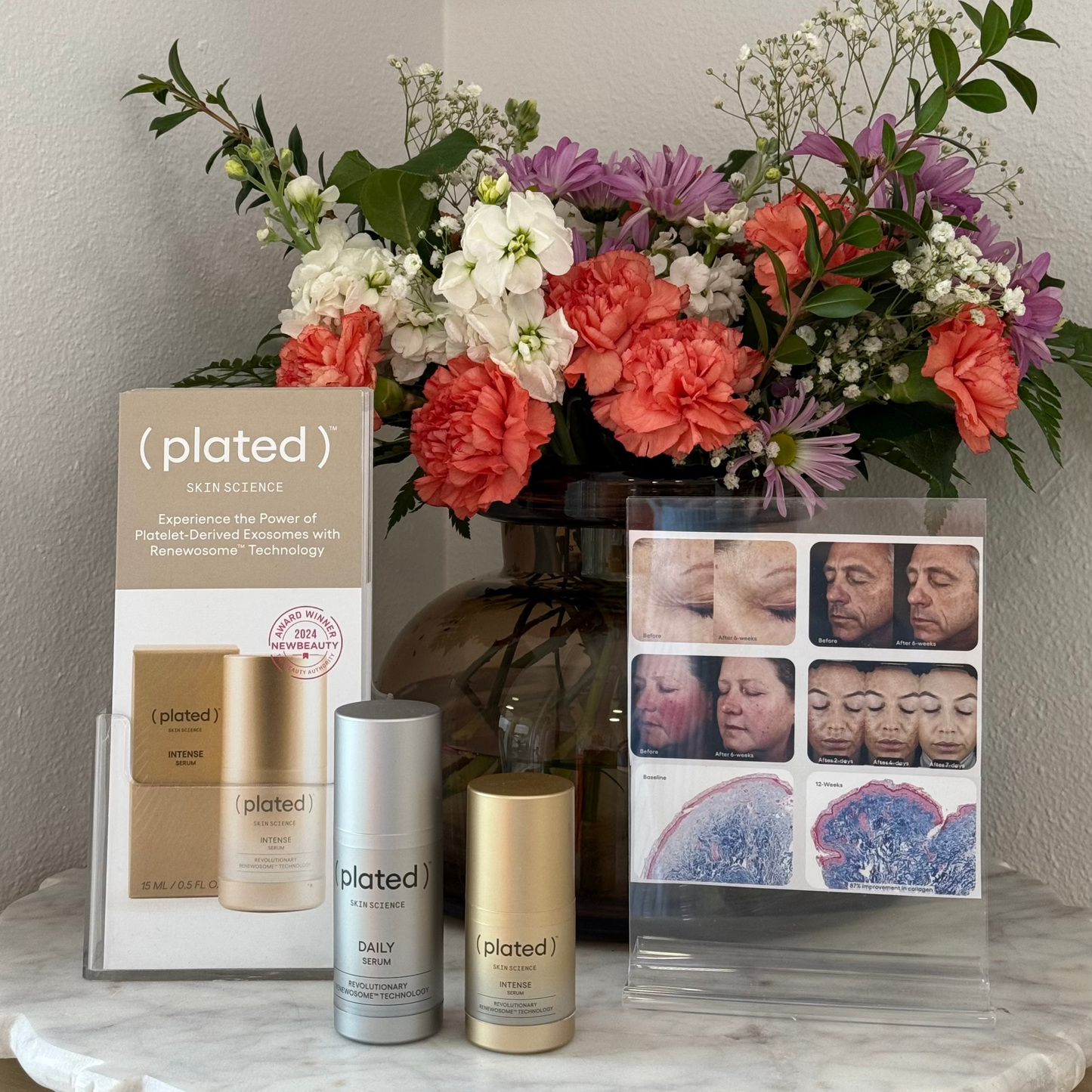 Plated Intense Serum — medical-grade growth factor serum displayed with clinical study imagery and microscopic before-and-after of plated-derived exosomes using Renewosome™ technology, available at Clover Skin Bar.