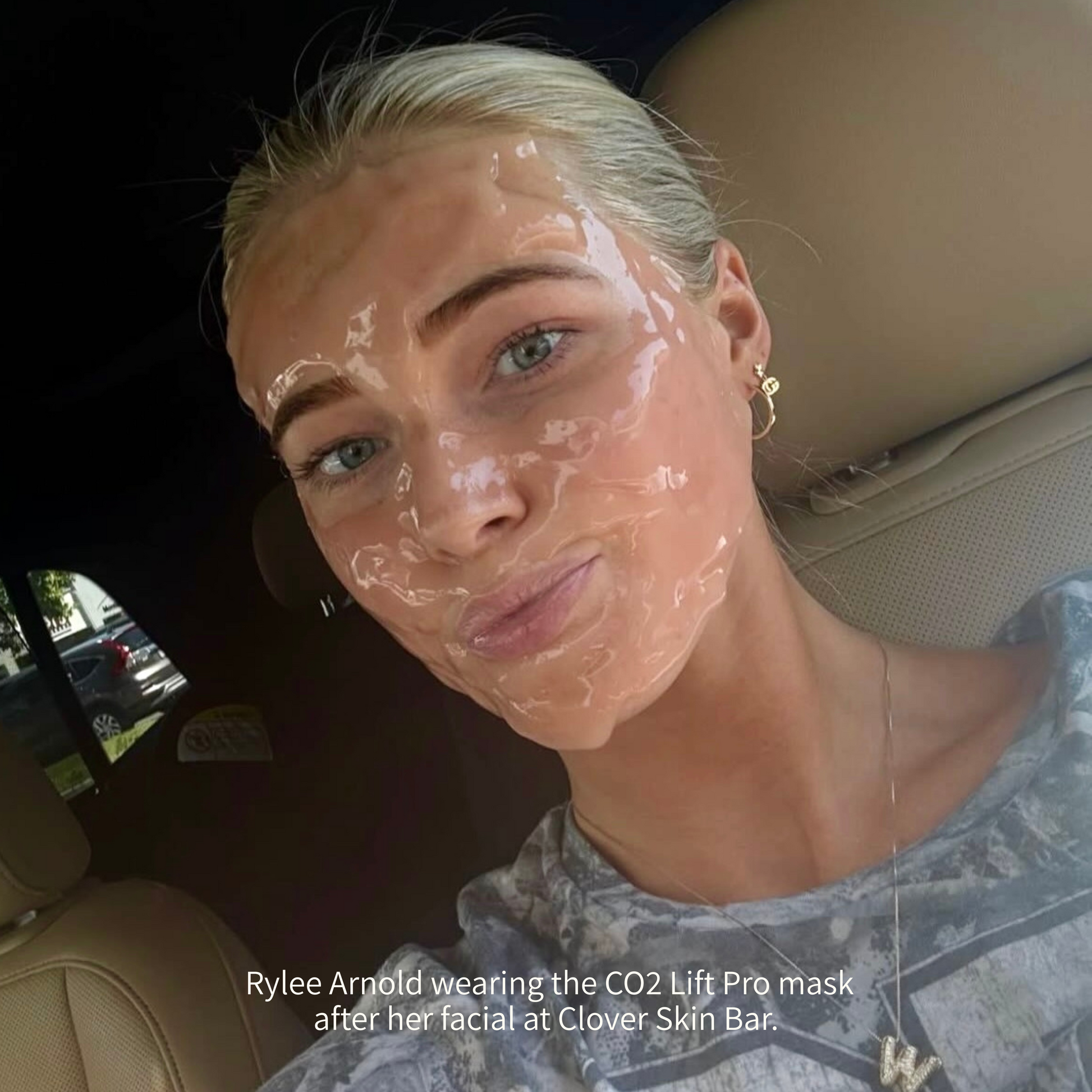 Rylee Arnold wearing the CO2 Lift Pro mask after her facial at Clover Skin Bar