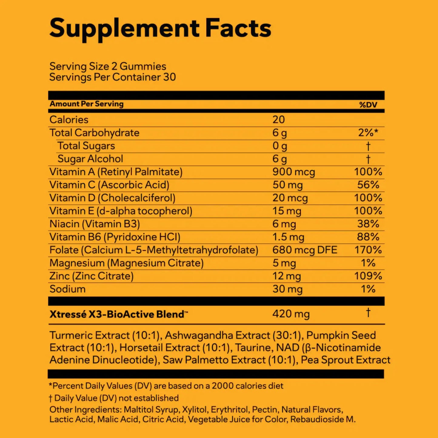 A supplement facts label for Xstresse X3-BioActive Blend gummies, showing a nutrition table with serving size 2 gummies and a list of ingredients on a black background.