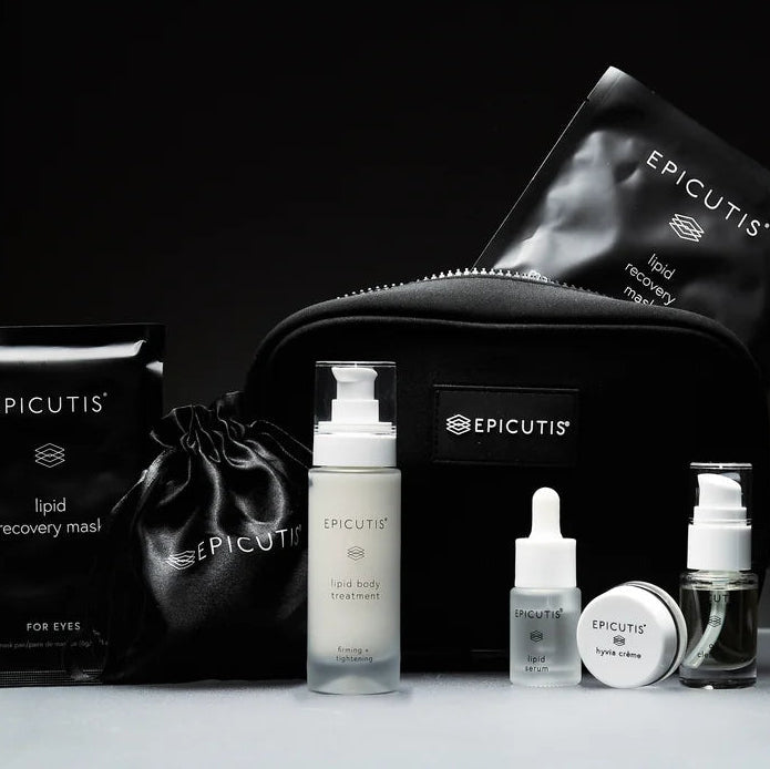 Epicutis Luxury on the go travel skincare set with Oil Cleanser, Lipid Serum, Hyvia Crème, Lipid Body Treatment, and Lipid Face + Eye Mask.