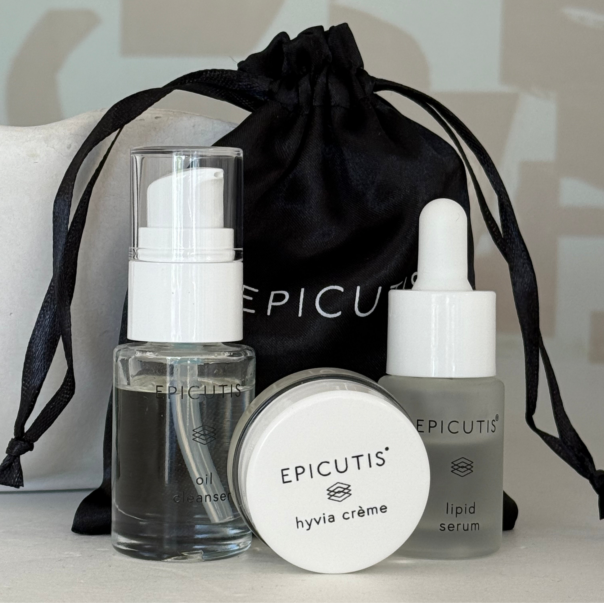 Epicutis mini 3 piece travel set featuring epicutis oil cleanser travel size, epicutis lipid serum travel size, and epicutis hyvia creme travel size