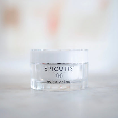 Epicutis Hyvia Crème on a clean surface at Clover Skin Bar. Hyvia Creme is a hydrating shea butter moisturizer designed to strengthen the skin barrier and relieve dryness.