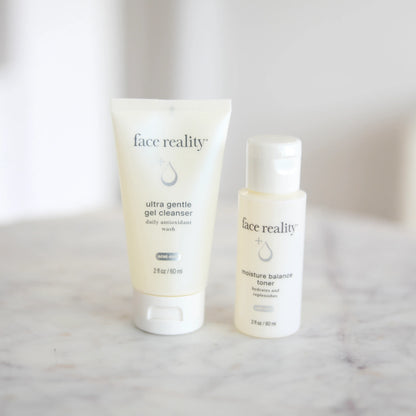 Shop the Face Reality Essentials Travel Duo at Clover Skin Bar in Lindon, Utah with Ultra Gentle Cleanser + Moisture Balance Toner. Shop for free shipping.
