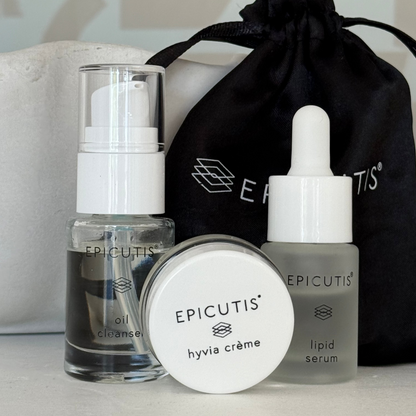 Epicutis mini 3 piece travel set featuring epicutis oil cleanser travel size, epicutis lipid serum travel size, and epicutis hyvia creme travel size