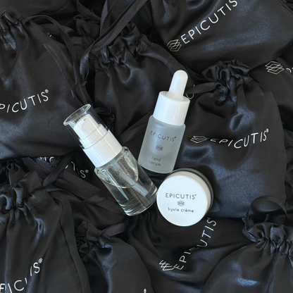 Epicutis mini 3 piece travel set featuring epicutis oil cleanser travel size, epicutis lipid serum travel size, and epicutis hyvia creme travel size