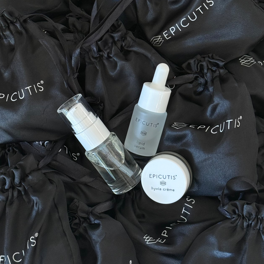 Epicutis mini 3 piece travel set featuring epicutis oil cleanser travel size, epicutis lipid serum travel size, and epicutis hyvia creme travel size