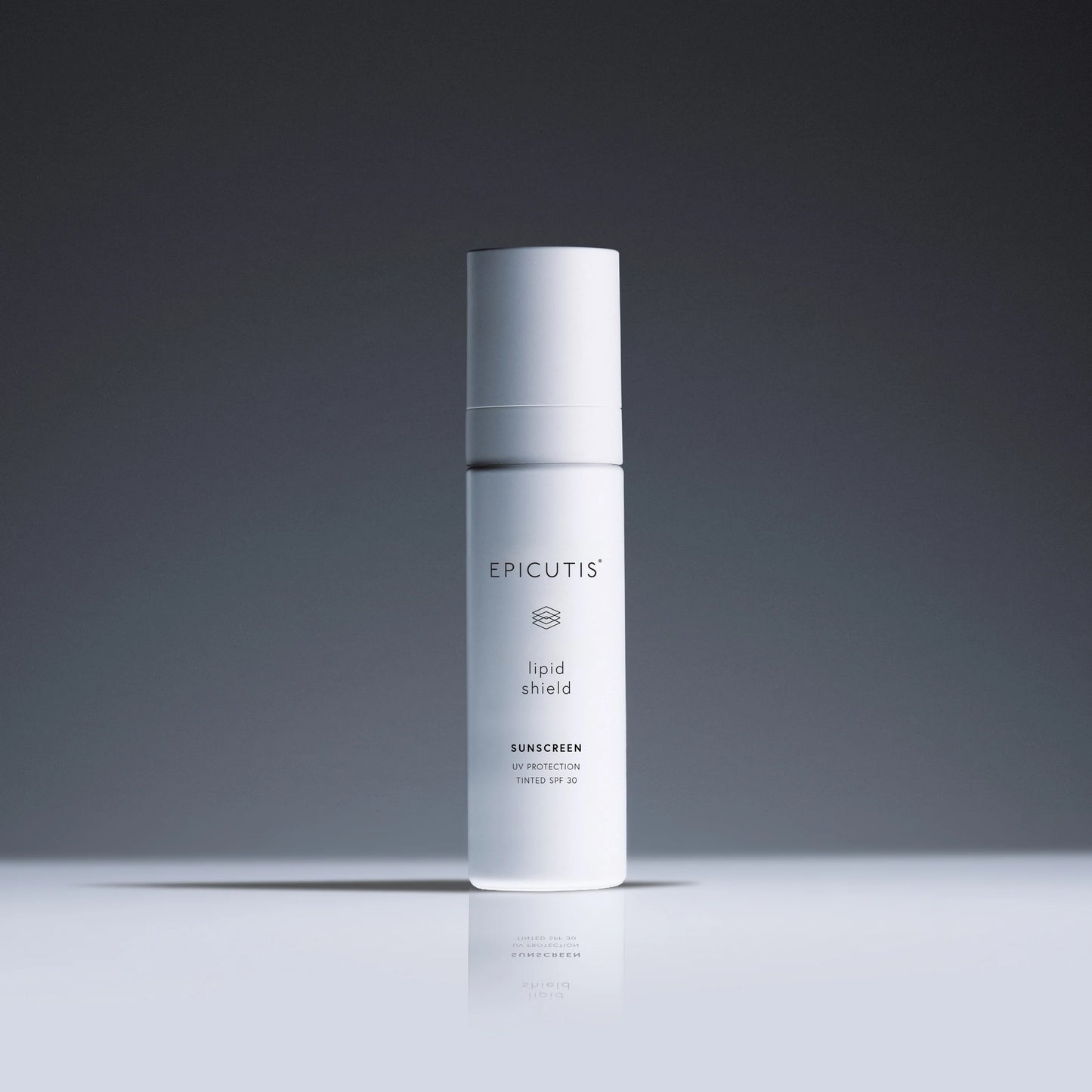Epicutis Lipid Shield SPF30 skincare bottle on a reflective surface with a gradient gray background