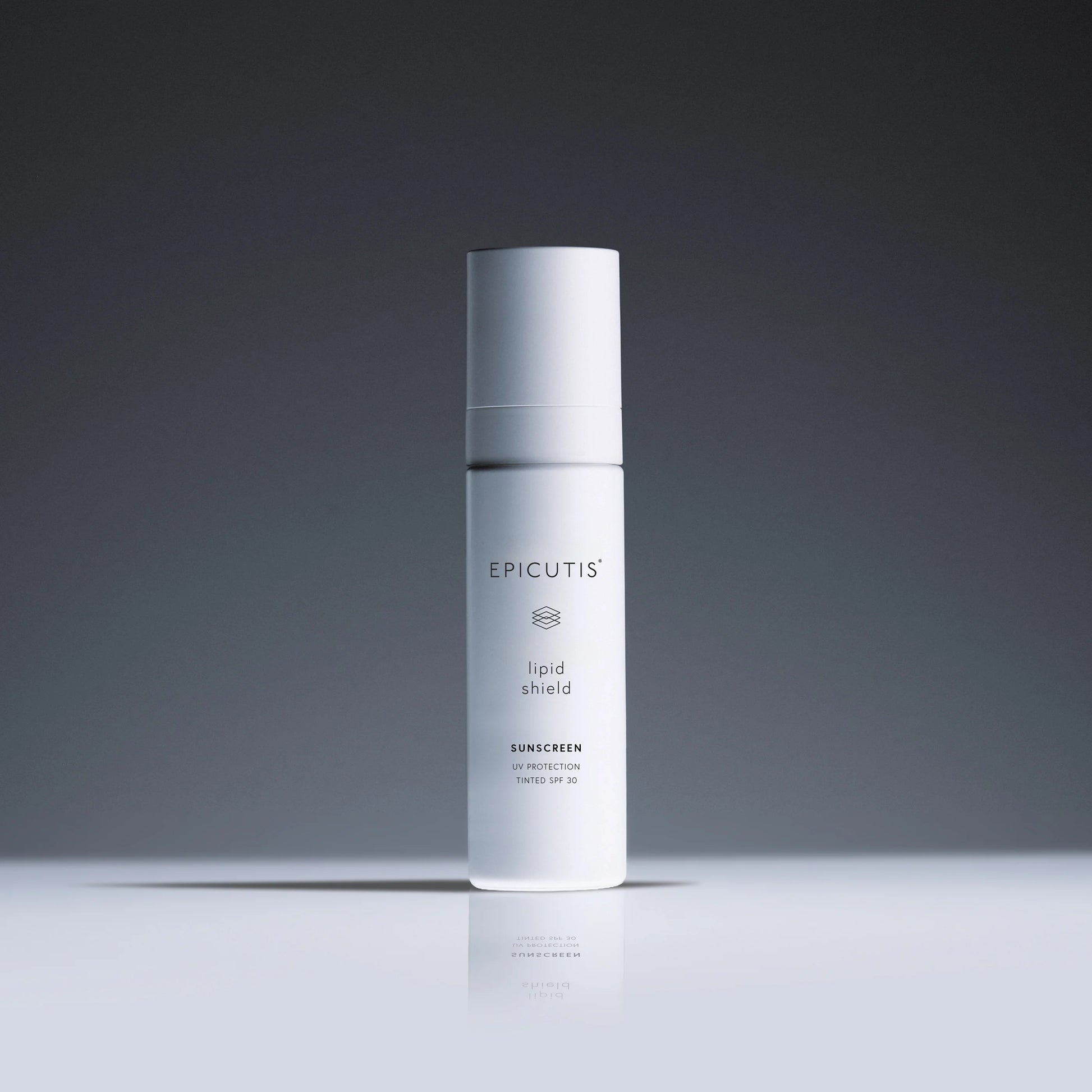 Epicutis Lipid Shield SPF30 skincare bottle on a reflective surface with a gradient gray background