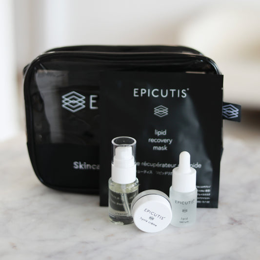 Epicutis Post Procedure Kit featuring epicutis oil cleanser travel size, epicutis lipid serum travel size, epicutis hyvia creme travel size, and lipid recovery mask