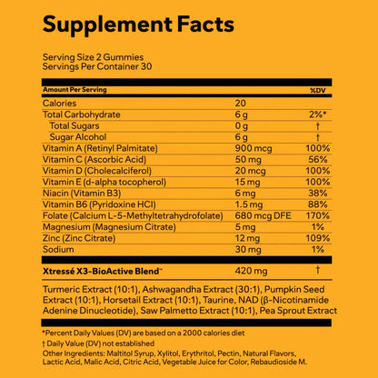 A supplement facts label for Xstresse X3-BioActive Blend gummies, showing a nutrition table with serving size 2 gummies and a list of ingredients on a black background.