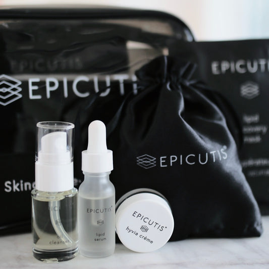 Epicutis Post Procedure Kit featuring epicutis oil cleanser travel size, epicutis lipid serum travel size, epicutis hyvia creme travel size, and lipid recovery mask